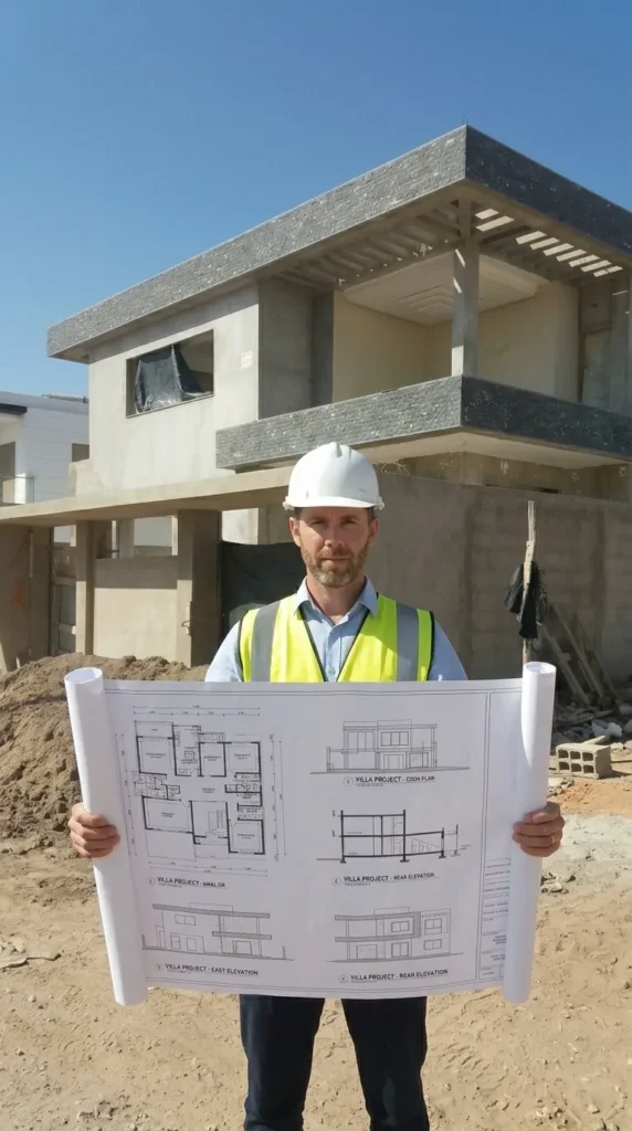 Architecte tenant des plans devant une maison moderne
